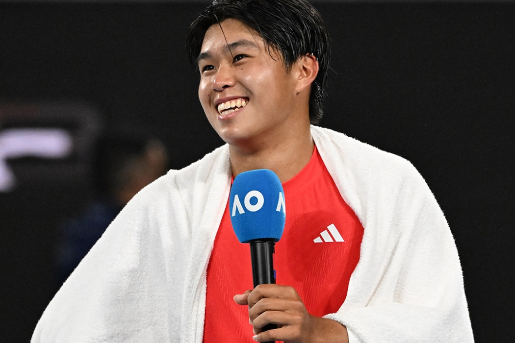 Learner Tien celebrates his win over Daniil Medvedev at AO 2025