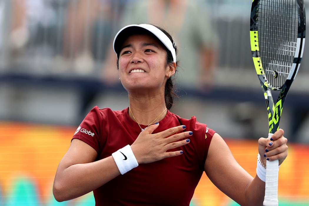 Alexandra Eala celebrates her win over Madison Keys at the Miami Open