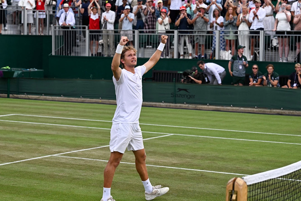 August Holmgren celebrates his second-round win at Wimbledon over Tomas Machac
